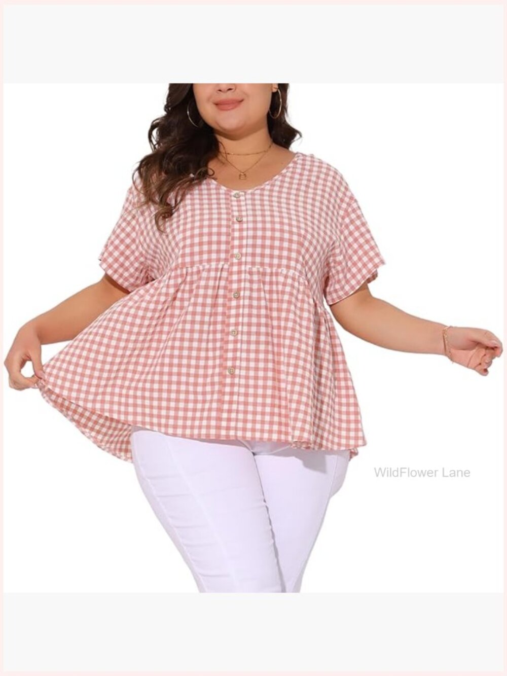 Women's Plus Size Babydoll Peplum Top V Neck Short Sleeve Gingham Blouse